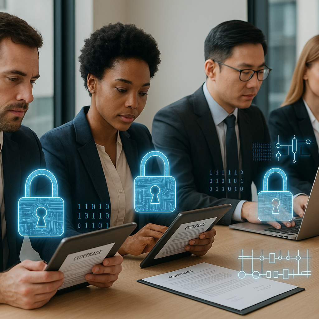 Diverse executives reviewing digital contracts on devices with holographic padlocks and quantum circuit diagrams symbolizing 