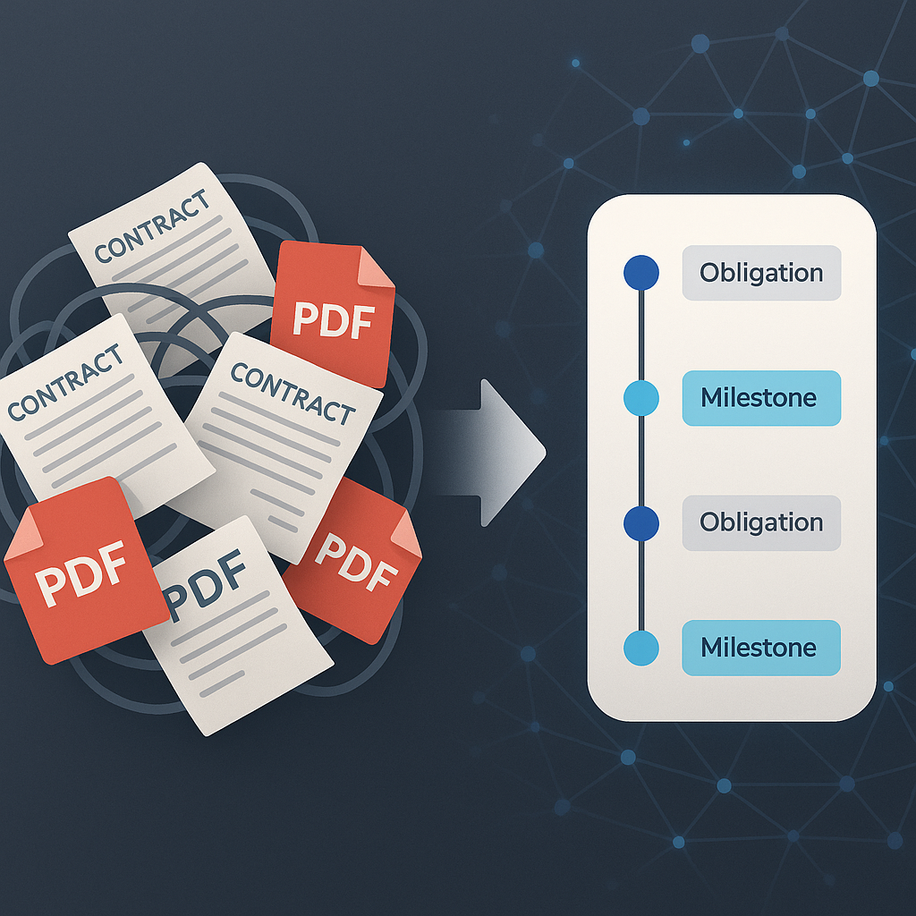 Infographic showing messy paper contracts and PDF icons transforming into an organized AI-powered digital timeline of obligat