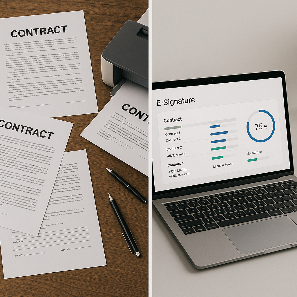 Split-screen of messy paper contract desk versus clean digital e-signature dashboard tracking progress on multiple contracts