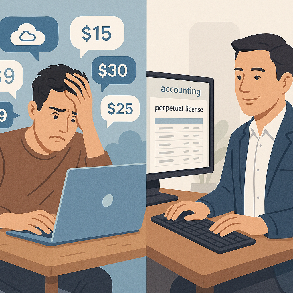 Split scene: stressed freelancer facing crowded SaaS subscription costs vs relaxed business owner using desktop accounting wi