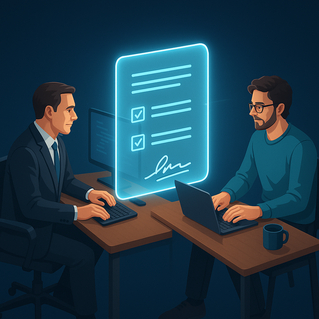 Business client and freelancer working remotely at desks with glowing digital contract between screens, signed fields and che