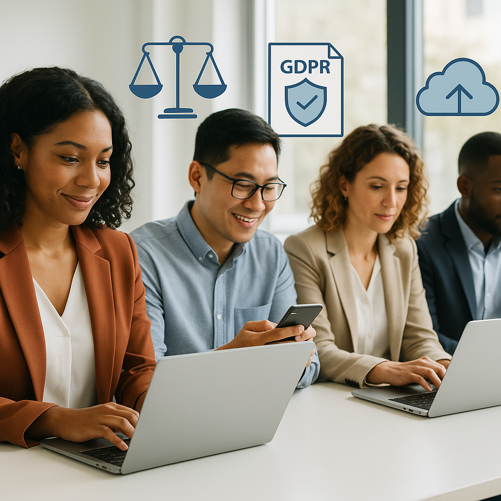 Diverse team finalizing cross‑border e‑commerce contracts on laptops with justice scales, GDPR documents, and cloud icons in 