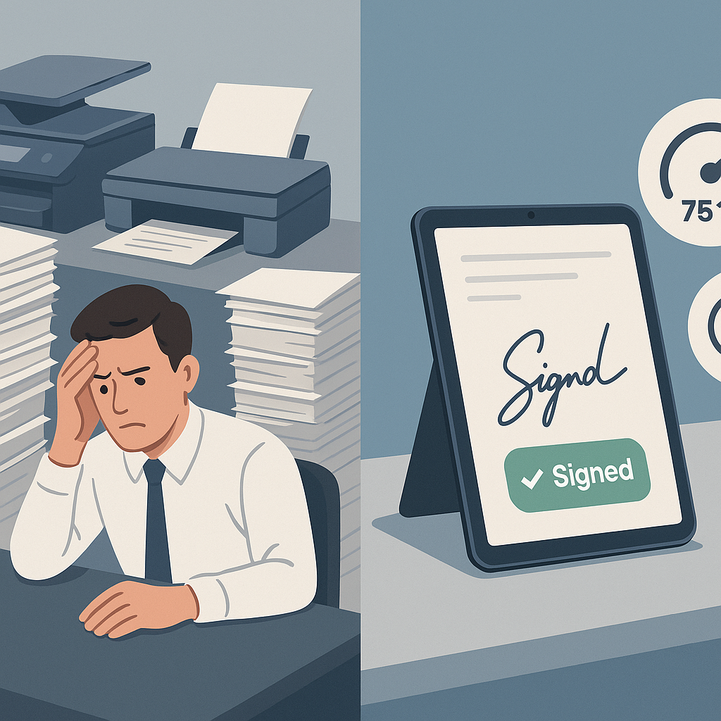 Split-screen of old paper-based signing chaos vs modern e-signature on tablet showing “Signed,” 75% faster turnaround and cos
