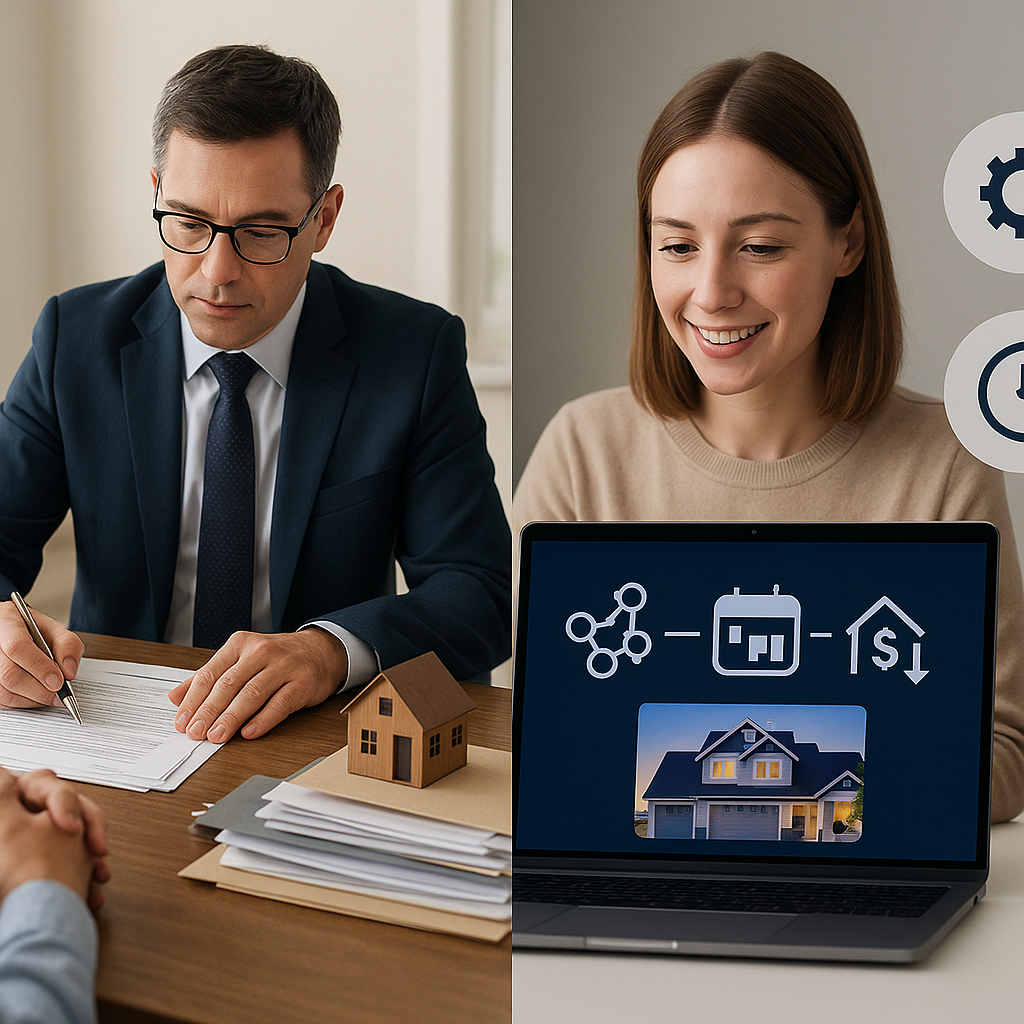 Split-screen of paper-heavy buyer agent real estate deal vs sleek AI homebuying app automating contracts, tours, pricing with
