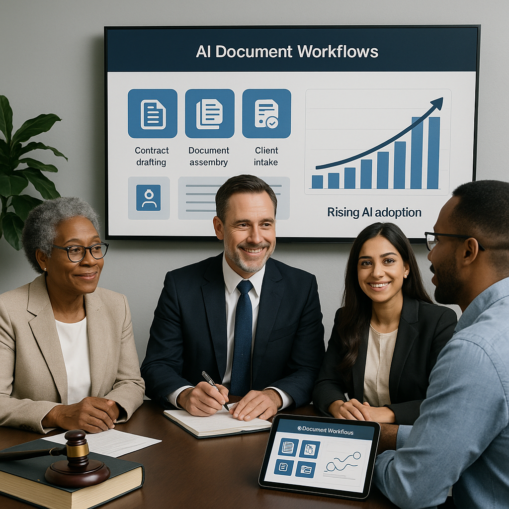 Diverse law firm meeting with client as large screen shows AI legal workflow dashboard, rising adoption charts, and automatio