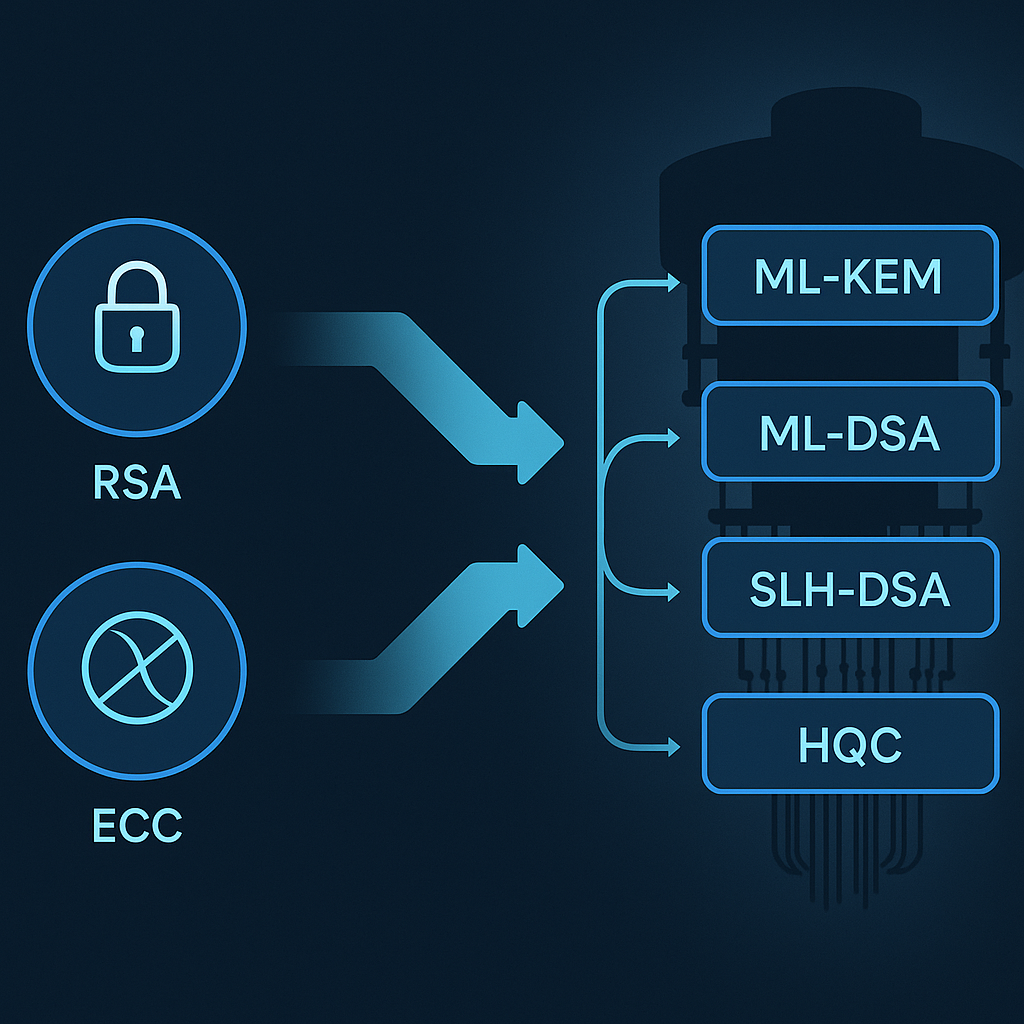Futuristic infographic showing RSA/ECC evolving to NIST post-quantum cryptography (ML-KEM, ML-DSA, SLH-DSA, HQC) with looming