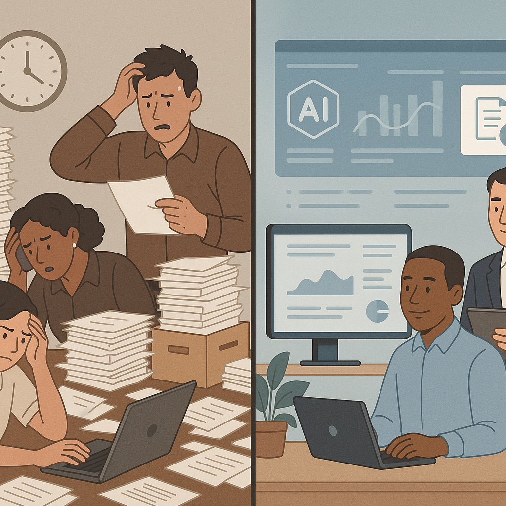 Split-screen illustration of small business paperwork chaos vs. streamlined AI document workflows with e-signatures, dashboar