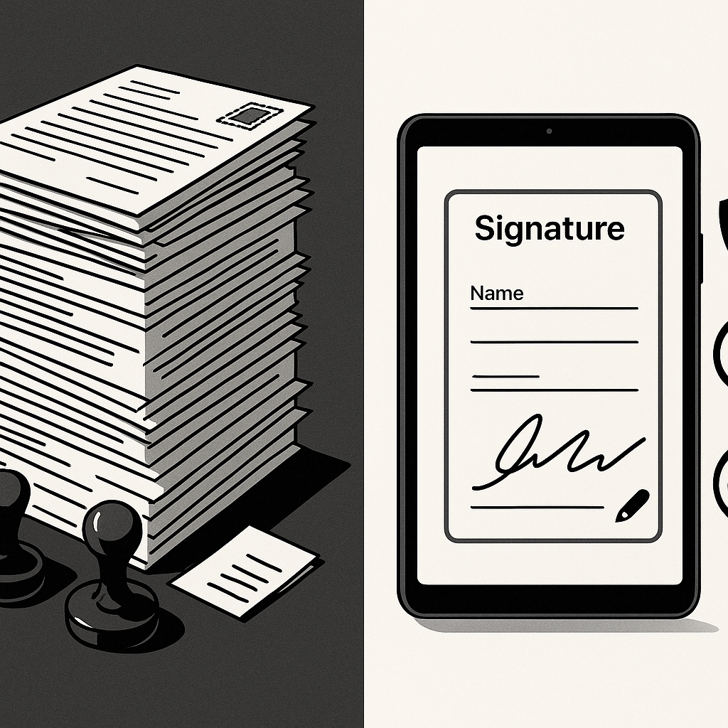 Side‑by‑side image of cluttered paper contracts and stamps versus a tablet with secure, compliant digital e‑signature icons a