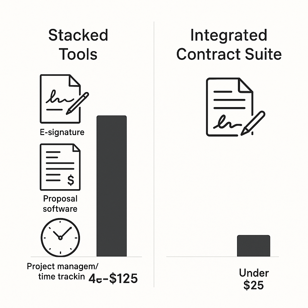 Infographic comparing stacked tools costing $40–$125/month vs an all‑in‑one contract suite under $25, with icons and bar char