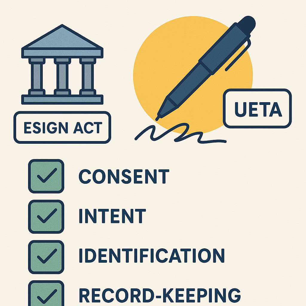 Flat infographic illustrating 2025 electronic signature legal framework with ESIGN Act, UETA icons and checkmarks for consent