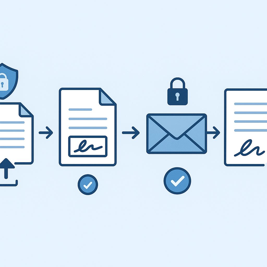 Flat illustration of electronic signature workflow showing upload, signature fields, email to signers, secure legally binding