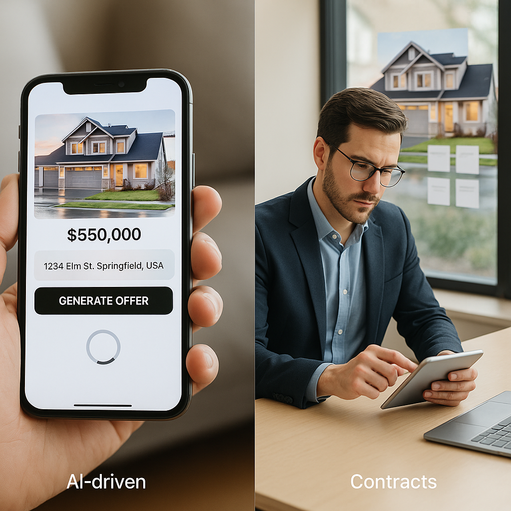 Split-screen of AI homebuying app auto-generating offers vs solo real estate agent digitally reviewing contracts for a suburb