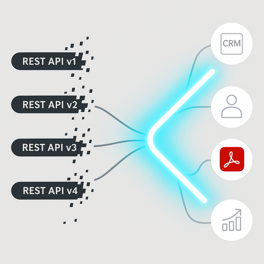 Abstract illustration of legacy Adobe Acrobat Sign REST API v1–v4 endpoints disconnecting as a secure, unified REST API v6 pi