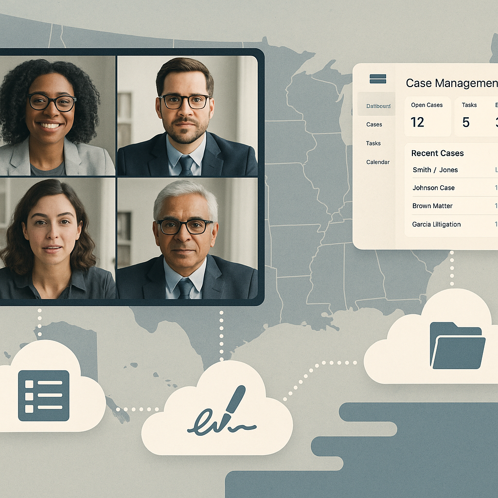 Collage of diverse small-firm lawyers in video conference with cloud-based case management dashboard, e-sign, intake forms, a