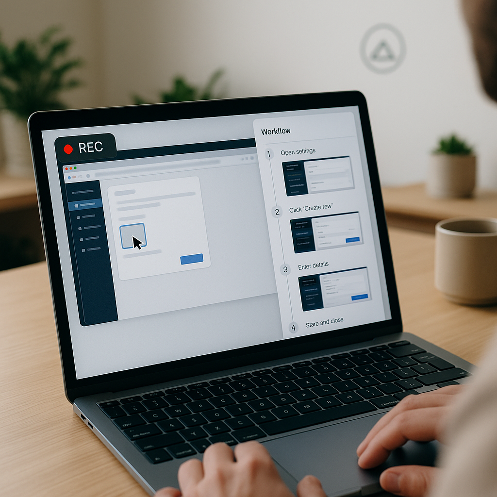 Close-up of laptop screen recording actions as AI converts clicks into a numbered workflow with screenshots, solo freelancer 