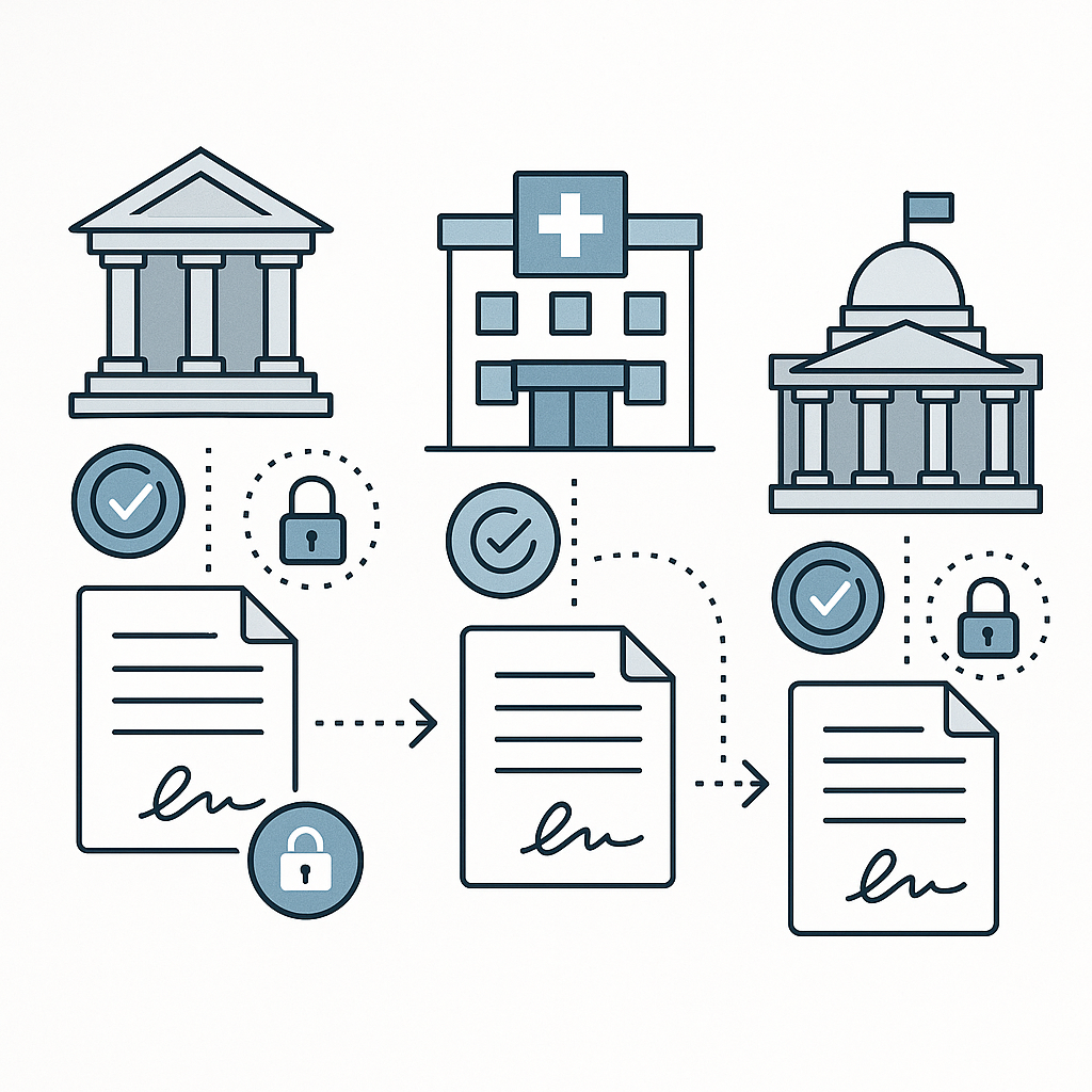 Isometric infographic of secure digital document workflow linking bank, hospital, and government via encrypted e-signature, l