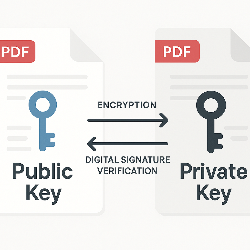 Infographic explaining RSA public vs private keys with arrows for encryption and signature verification on stylized PDF docum