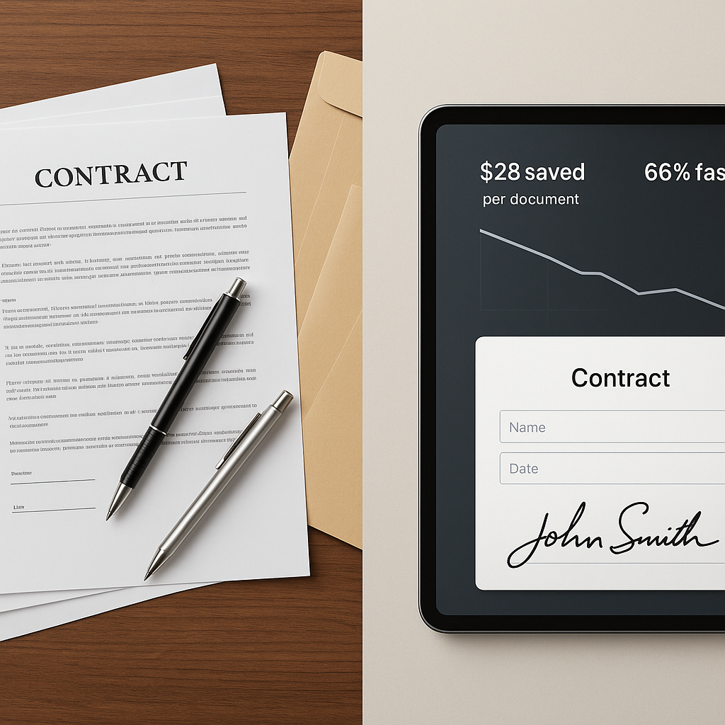 Side-by-side of messy paper contract desk vs. clean e-signature screen highlighting $28 savings per document and faster proce