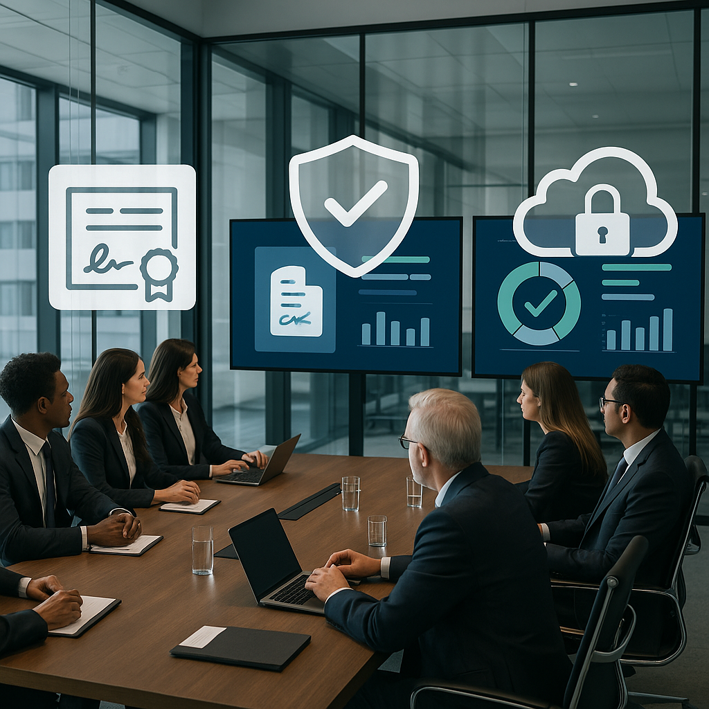 CIOs and legal team in glass-walled boardroom reviewing e-signature compliance dashboards with digital certificates, checkmar