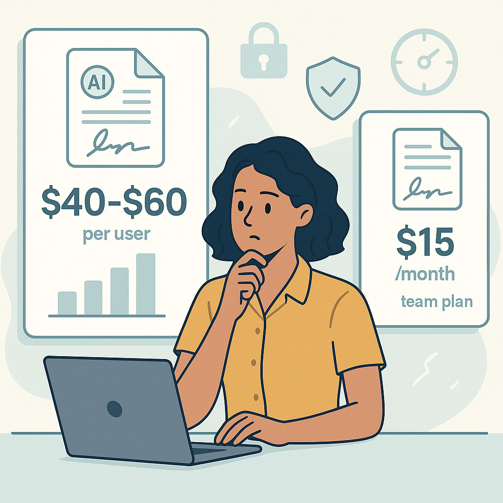 Illustration of small business owner comparing $40–$60 per-user e-signature plans vs $15/month team option with AI, security,