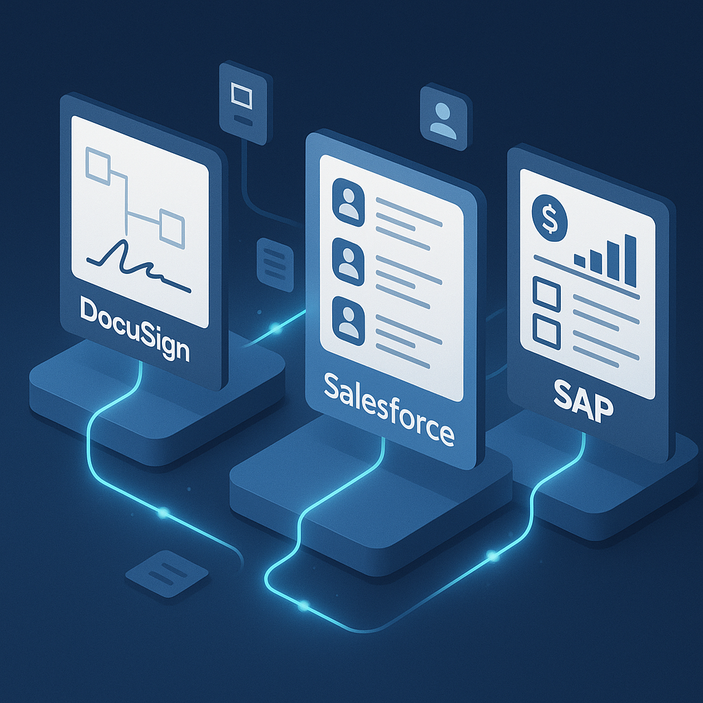 Isometric illustration of DocuSign, Salesforce CRM, and SAP ERP platforms connected by glowing data flows to show automated a