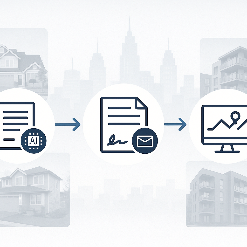 Illustration of AI-powered real estate closing workflow with contract creation, e-signatures, and real-time tracking over a m