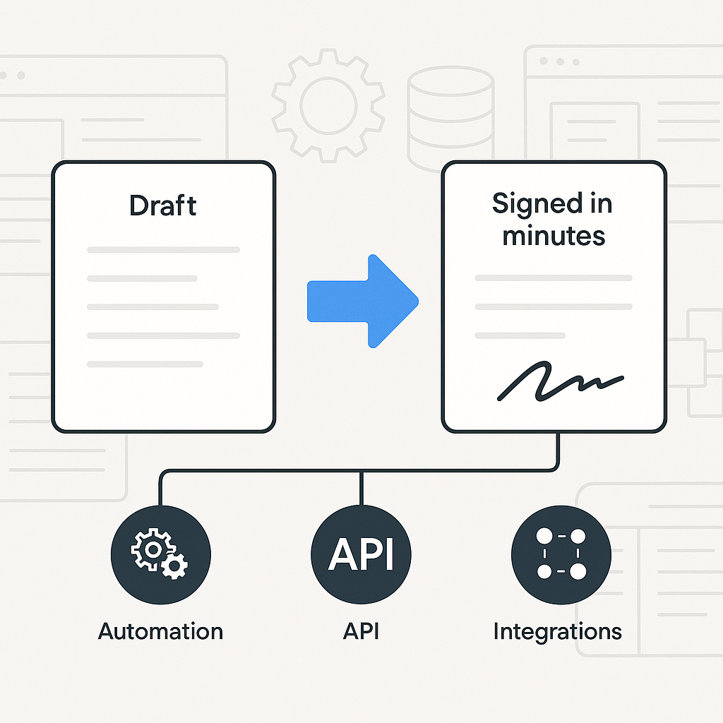Minimalist illustration of a digital contract moving from draft to signed with automation, API and integration icons over fad