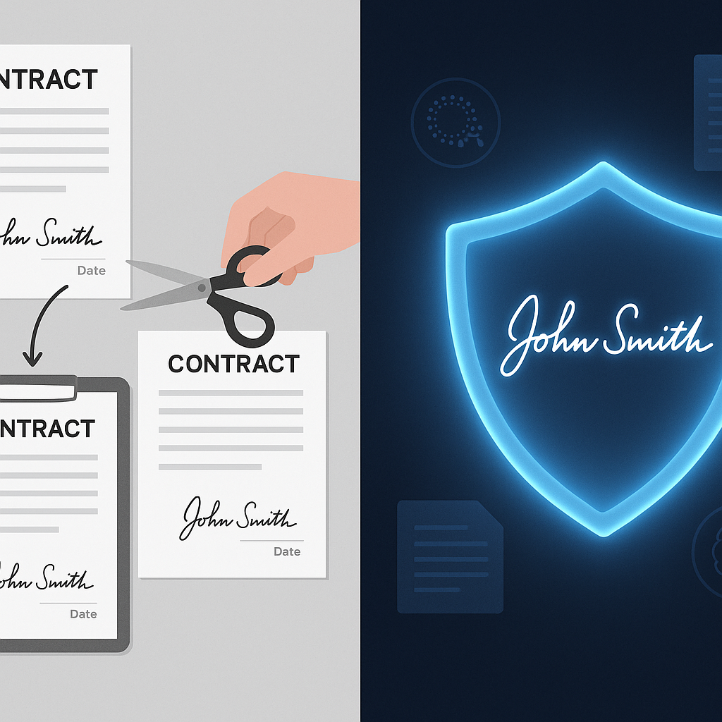 Split-screen of insecure copied scanned signatures vs secure AI-protected, watermarked AuthSig-style digital signature in a p