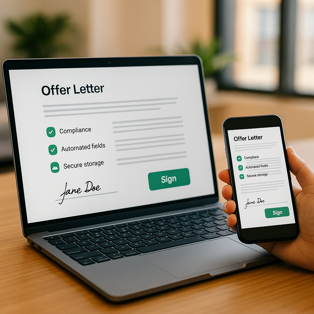 Close-up of laptop and smartphone showing QuickSign-style digital offer letter with compliance checkmarks and cloud icons in