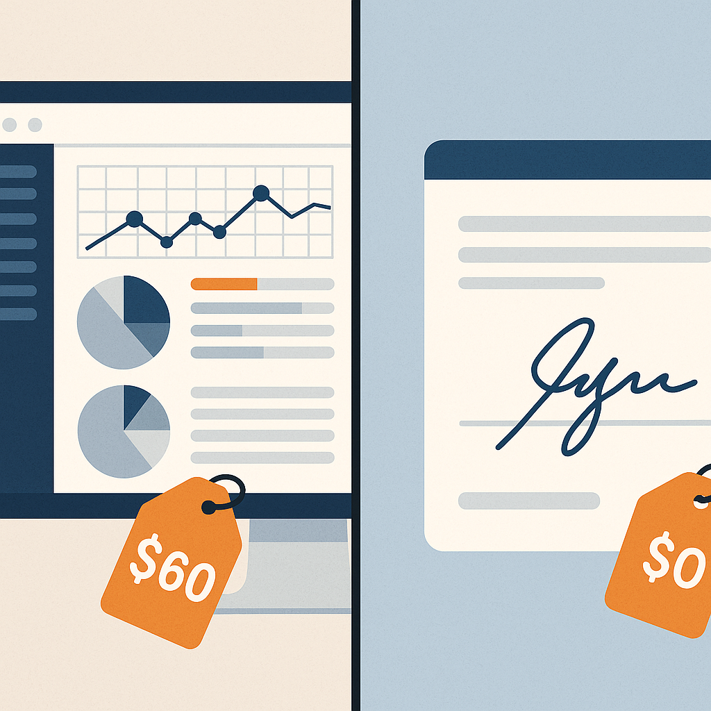 Collage comparing complex enterprise e-signature dashboard with pricey plan vs simple low-cost self-signing tool in flat mode