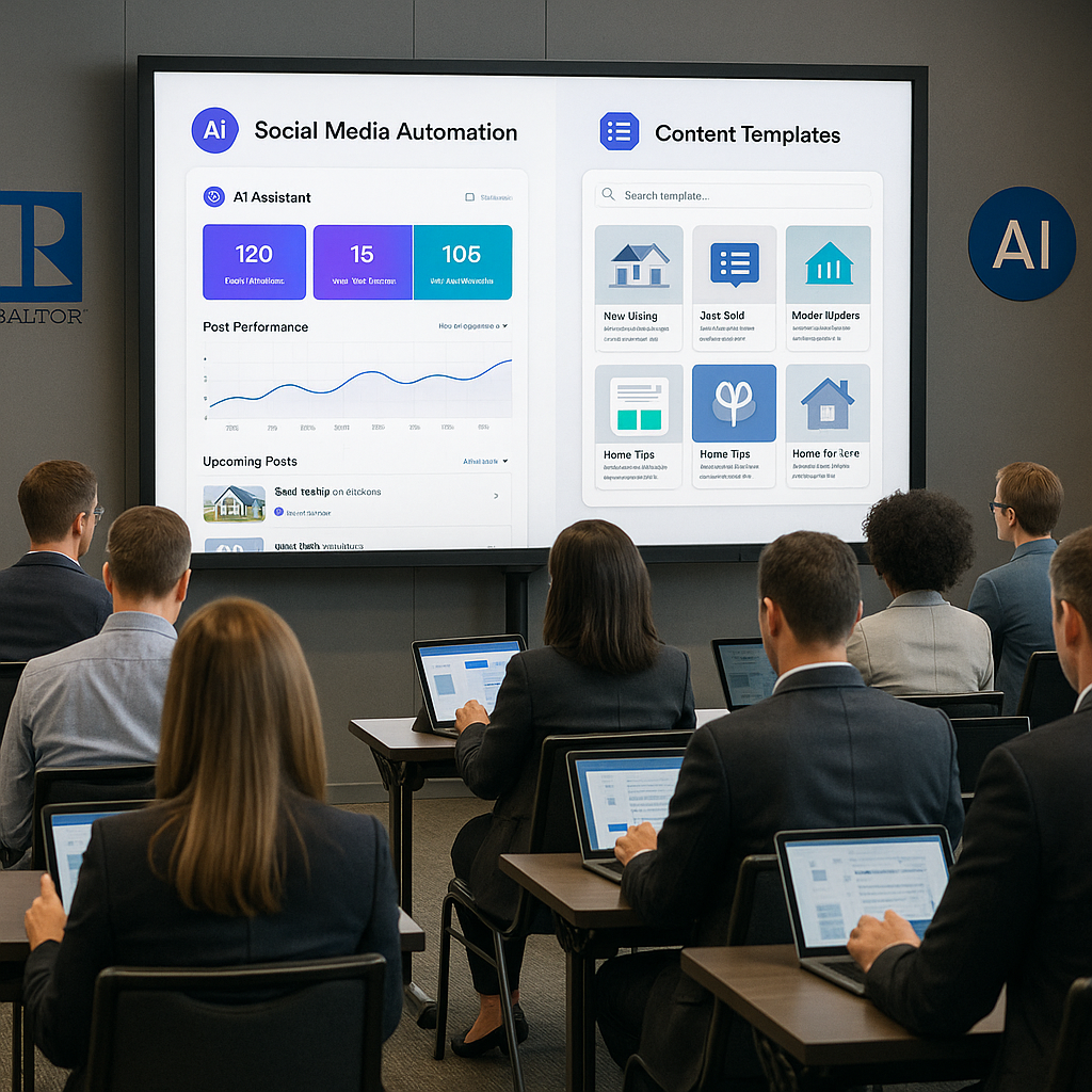 Real estate agents in an AI training workshop, viewing social media automation dashboards on a large screen, using laptops an