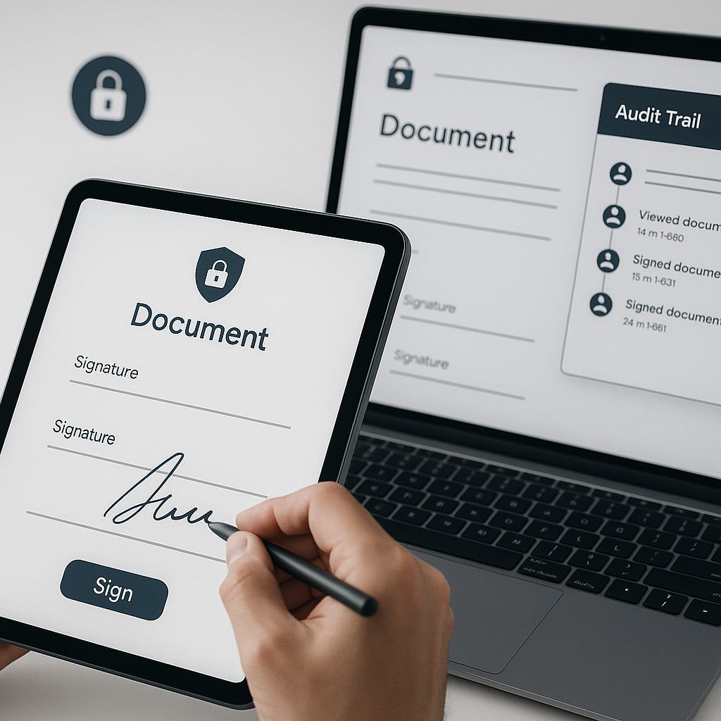 Close-up of secure e-signature workflow on tablet and laptop with lock icons, signature fields, audit trail panel highlightin