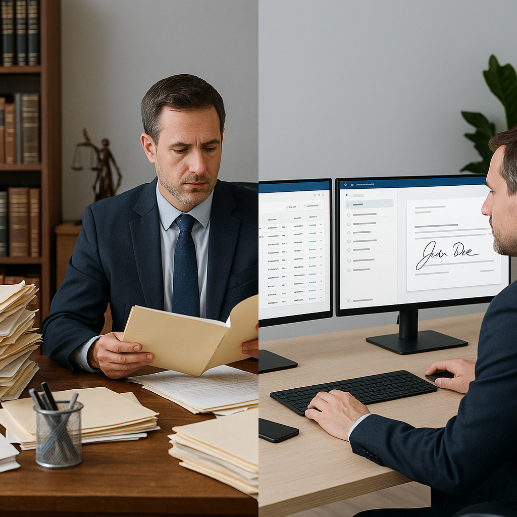 Split-screen of solo attorney before and after cloud legal tech, from paper clutter to e-signatures and online payments on mu