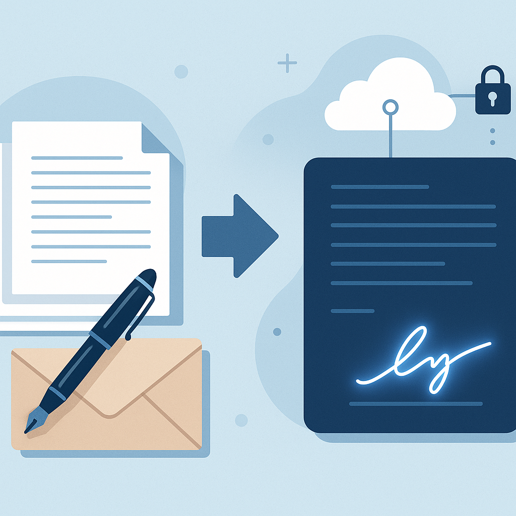 Flat illustration showing paper contracts and pen transforming into secure digital e-signature document with lock icons and c