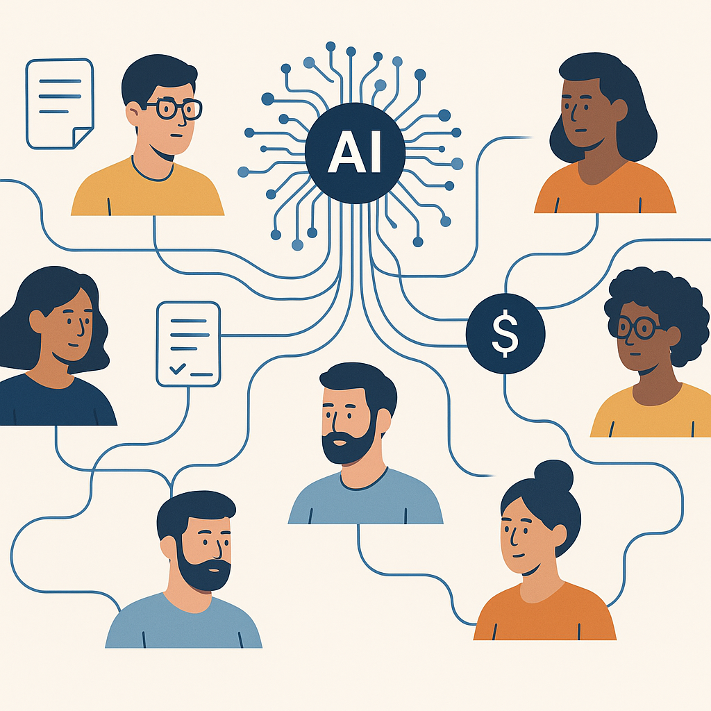 Flat vector illustration of AI-first freelance economy with connected professionals, data flows, workflow icons, and central