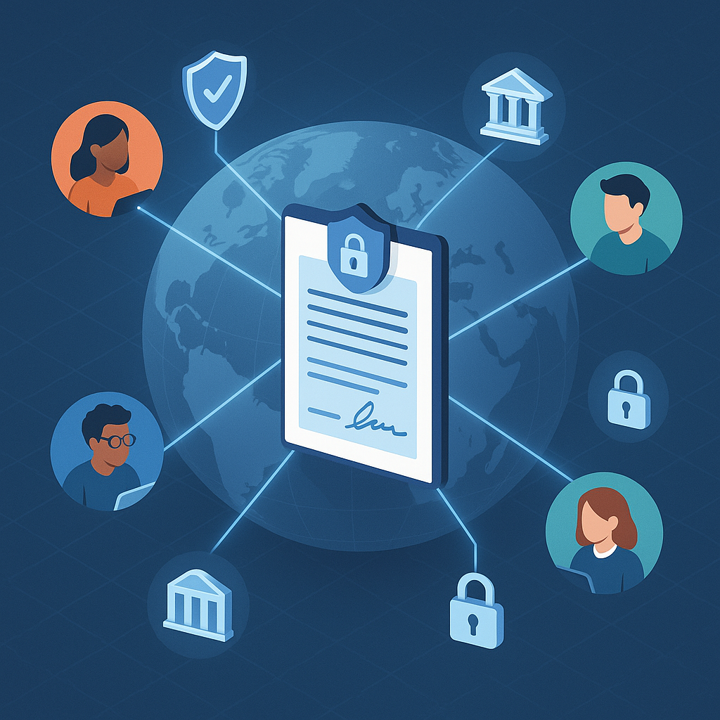 Isometric illustration of global remote workers e-signing NDAs, linked to a central secure document with compliance and confi