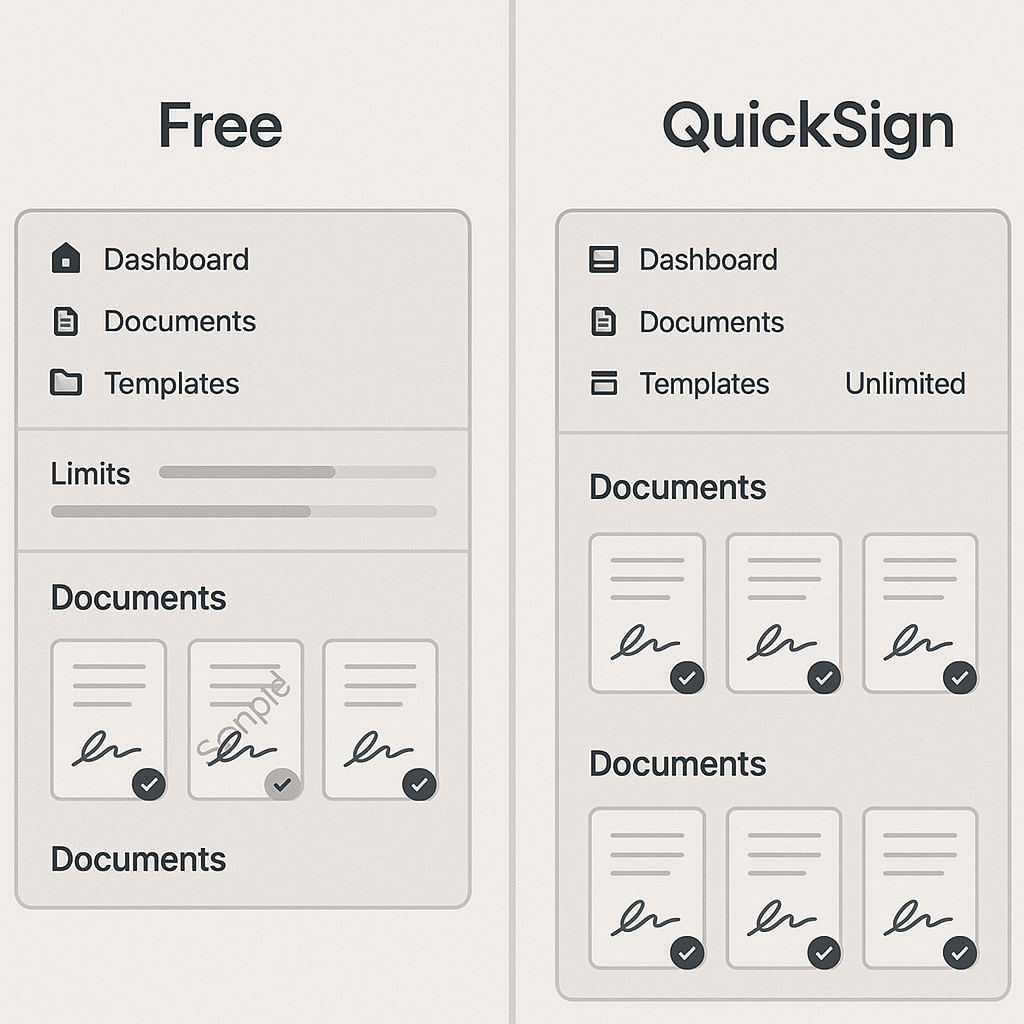 Split-screen showing basic free e-signature dashboard with limits and watermarks vs premium QuickSign plan with unlimited use