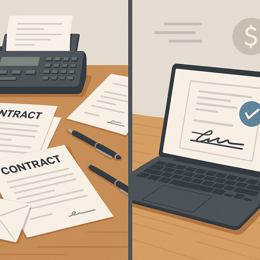 Side‑by‑side illustration of paper contract clutter vs. sleek laptop e‑signature interface highlighting faster, lower‑cost do