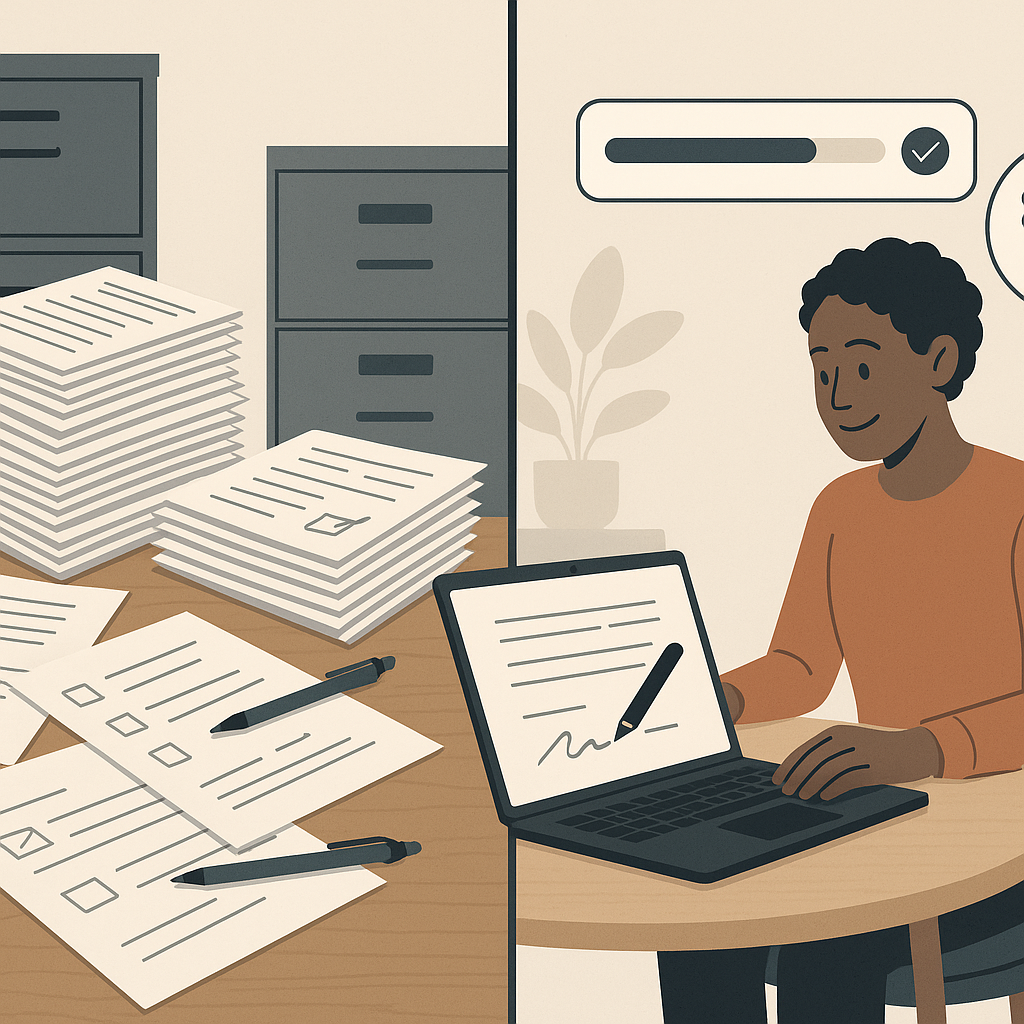Split-screen old vs new onboarding: paper forms and filing cabinets vs remote employee e-signing documents with progress bars