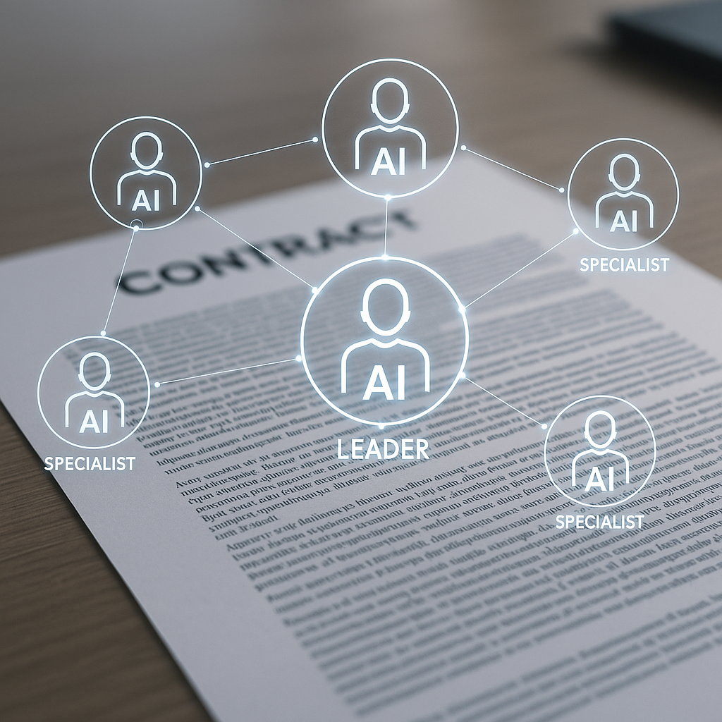 Close-up of legal contract on desk with transparent AI specialist network interface overlay in corporate tech style