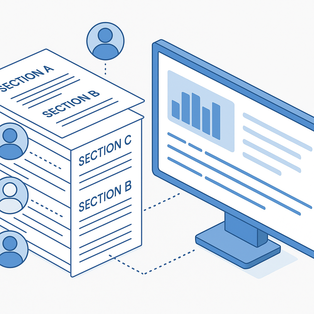 Isometric illustration of multi‑agent AI reviewing legal document sections, feeding analysis into a central blue‑toned summar