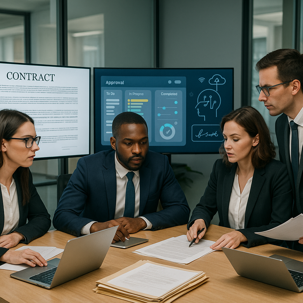 Small law firm team collaborating in a war room with digital contracts, workflow automation dashboards, e-signature UIs and s