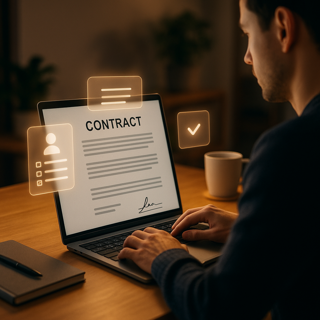 Freelancer at home office reviewing digital contract on laptop with glowing AI suggestions, checklists, and e-signature icons