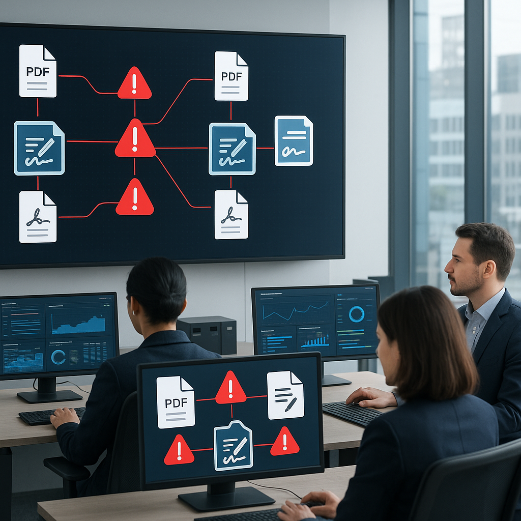IT security analysts in modern EU government office reviewing dashboards of anomalous PDF e‑signing transactions and red aler