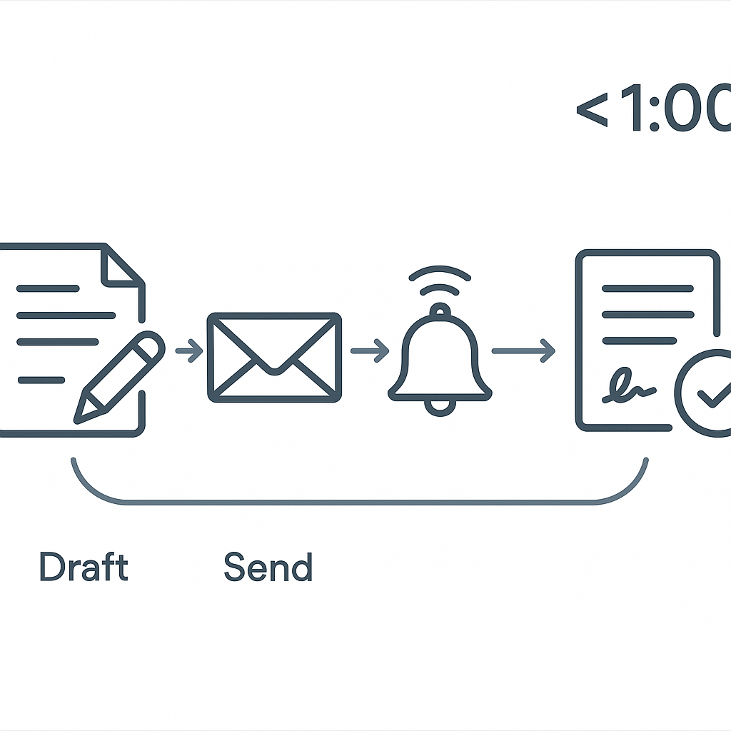 Minimal dashboard illustration of QuickSign contract flow from draft to signed in under a minute with icons for send, reminde