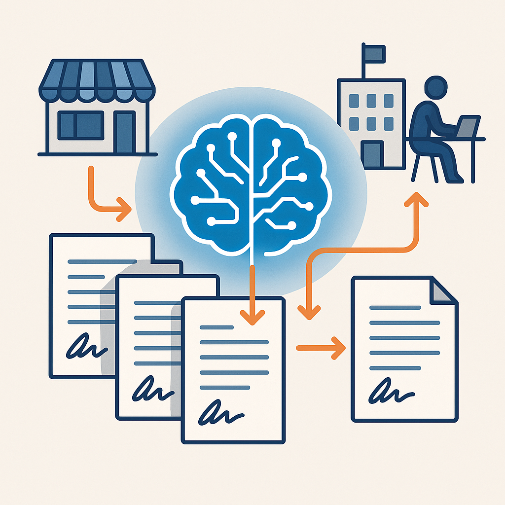 Flat-vector illustration of AI document automation linking layered e-docs, signatures, and workflows to a glowing neural netw