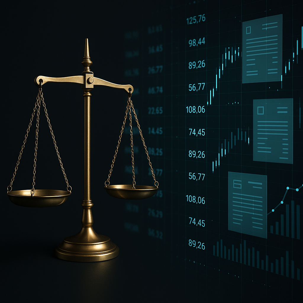 Scale of justice balanced against flowing digital financial data and invoices, symbolizing AI-powered cash flow and collectio
