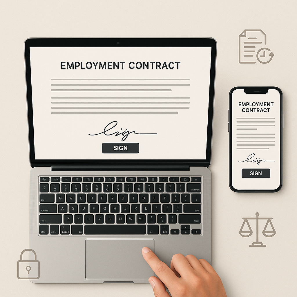 Close-up of digital employment contract on laptop and phone with hand near e-signature, security and legal compliance icons i