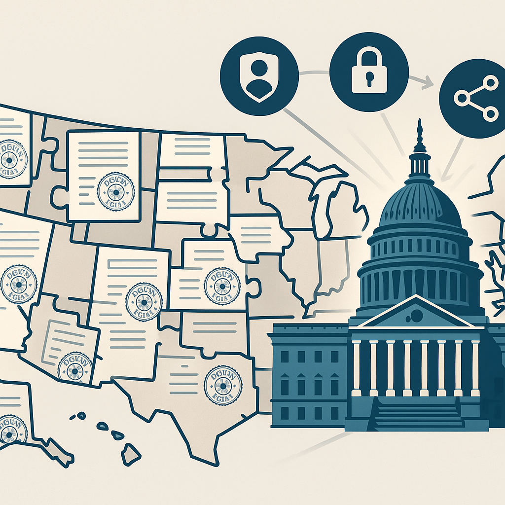 Stylized U.S. map of patchwork state notarization laws merging into a unified federal framework with digital seals and Capito