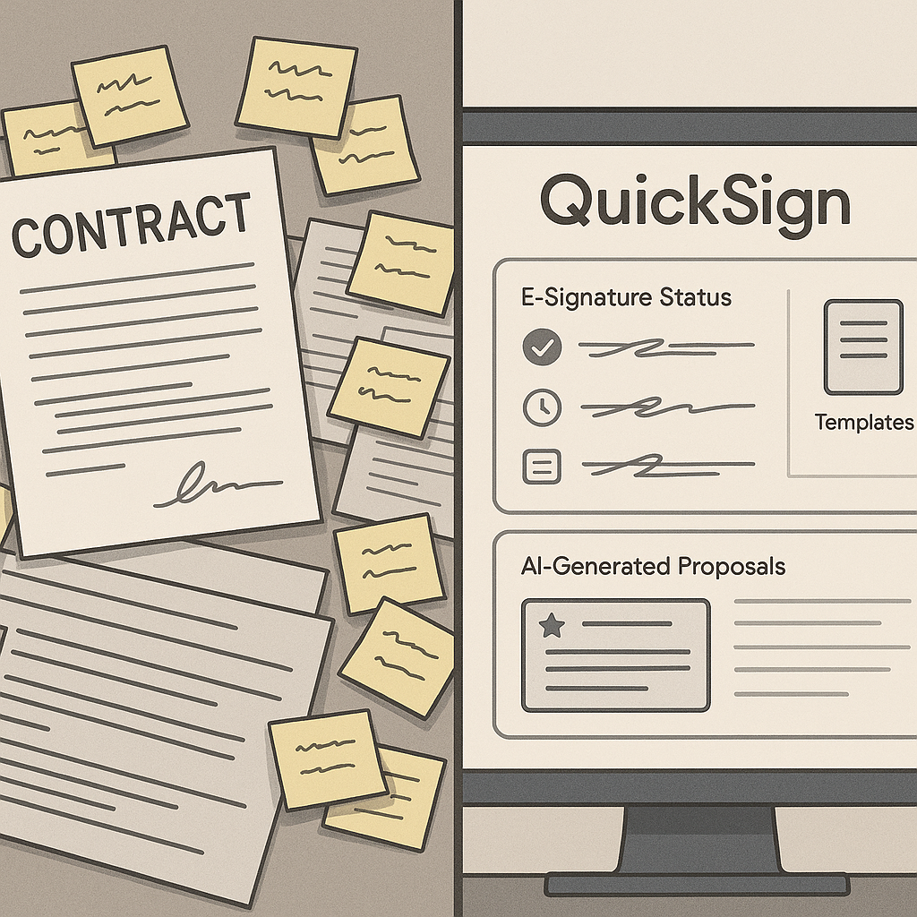 Split-screen of cluttered paper contract workflow vs tidy “QuickSign” e-signature dashboard with templates and AI proposals,